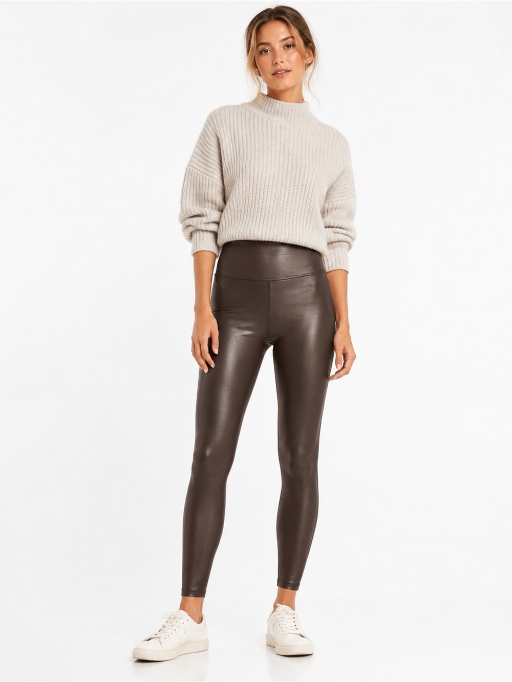 SPANX S Faux Leather Leggings Small Brown Chocolate High Rise Shaping Vegan Y2K